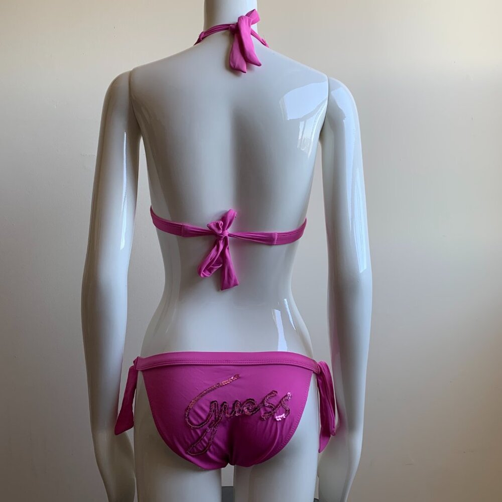 Guess pink sequin logo bottom charm halter bikini